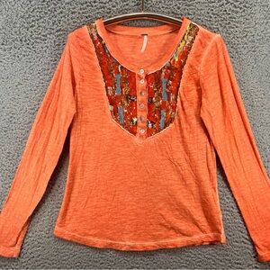 Free People Tiger Eye Henley Top Medium Orange Sequin Aztec Hippie Boho Western